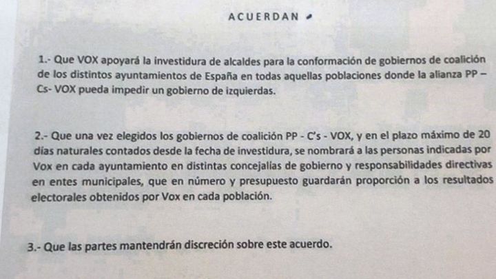 Pacto entre Vox, PP y Cs para la formación de ayuntamientos