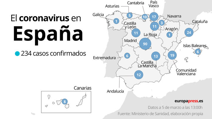 Mapa del coronavirus en España a 5 de marzo