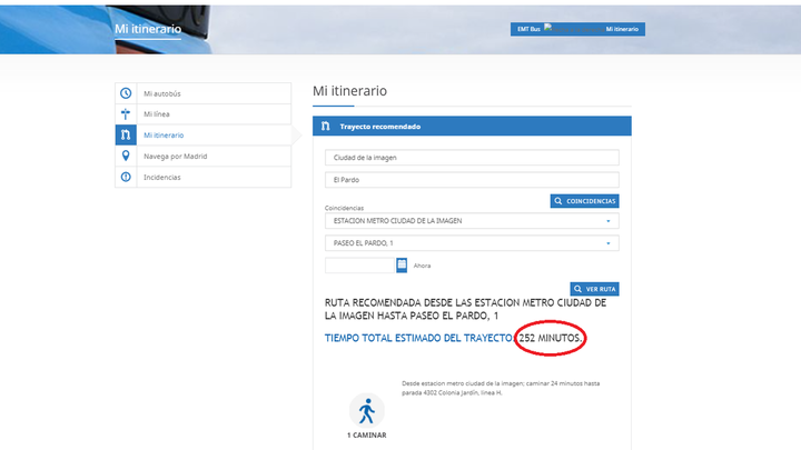 Itinerario EMT desde Ciudad de la Imagen a El Pardo / EMT