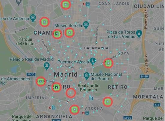 Principales estaciones origen (círculos rojos) y destino (cuadrados verdes) del tipo “transporte” / UPM