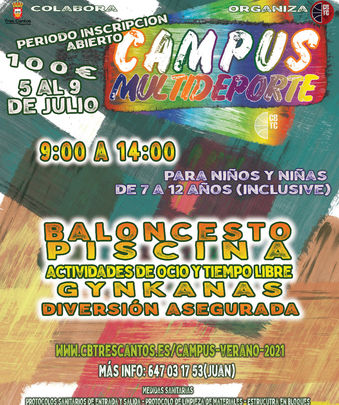 Cartel de las actividades del campus multideporte de Tres Cantos / CB TRES CANTOS