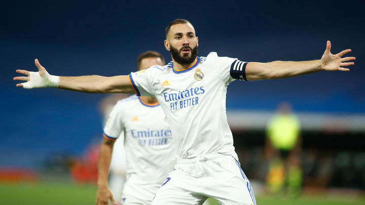 Karim Benzema celebra un de los tres goles que metió al Celta en la vuelta al nuevo Bernabéu / Europa Press