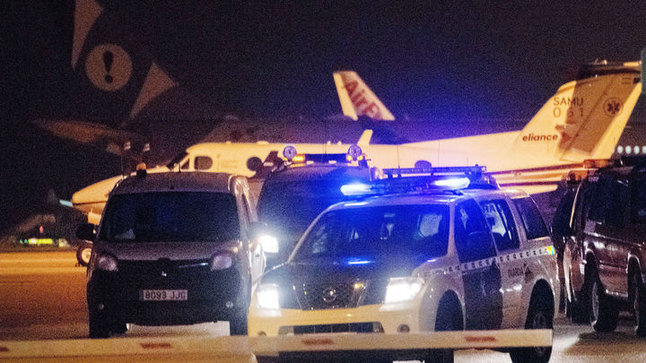 Miembros de la Guardia Civil y de seguridad del aeropuerto de Palma de Mallorca buscan por las pistas y sus aledaños a un grupo de pasajeros que ha obligado a cerrar la instalación. / EFE/CATI CLADERA