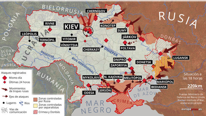 Mapa de los ataques militares en Ucrania el 1 de marzo / EUROPA PRESS
