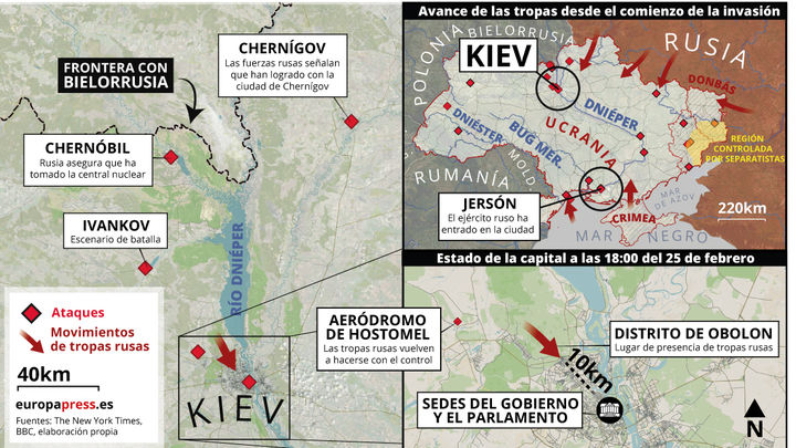Mapa de la entrada de las tropas rusas en Kiev el 25 de febrero / EUROPA PRESS