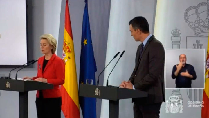 Pedro Sánchez en una comparecencia institucional en el Palacio de La Moncloa tras reunirse con la presidenta de la Comisión Europea, Ursula Von der Leyen / Telemadrid.es