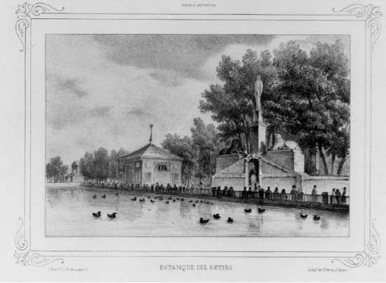 Grabado en el que se puede ver la estatua egipcia en loa alto de la fuente / MCYP