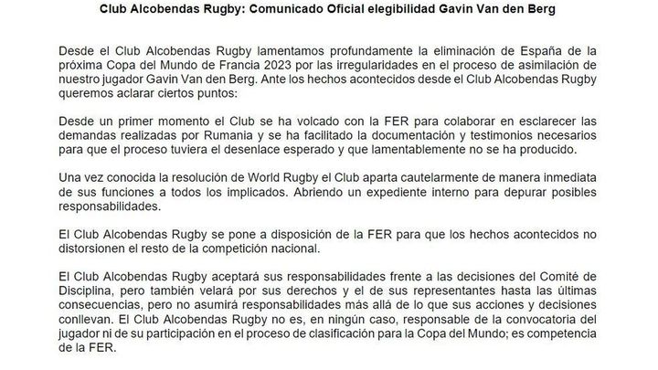 Comunicado del Alcobendas Rugby / @AlcobendasRugby