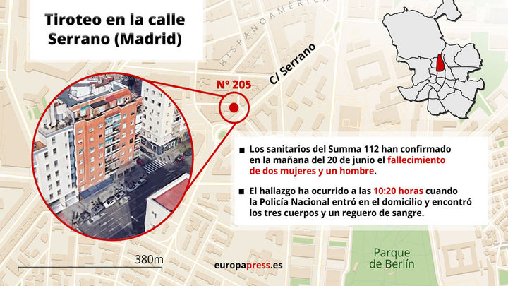 Mapa con el lugar donde la Policía Nacional ha encontrado tres cuerpos sin vida en la mañana del 20 de junio de 2022 en la calle Serrano (Madrid). / EUROPA PRESS