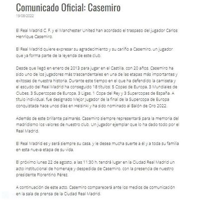 Comunicado del Real Madrid / REAL MADRID