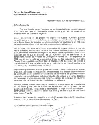 Carta del alcalde de Arganda / AYTUNTAMIENTO DE ARGANDA DEL REY
