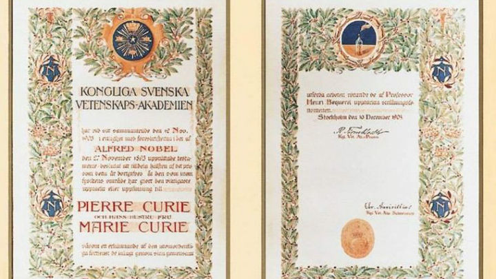 Diploma del premio Nobel de Física de Marie y Pierre Curie, 1903 / WIKIPEDIA