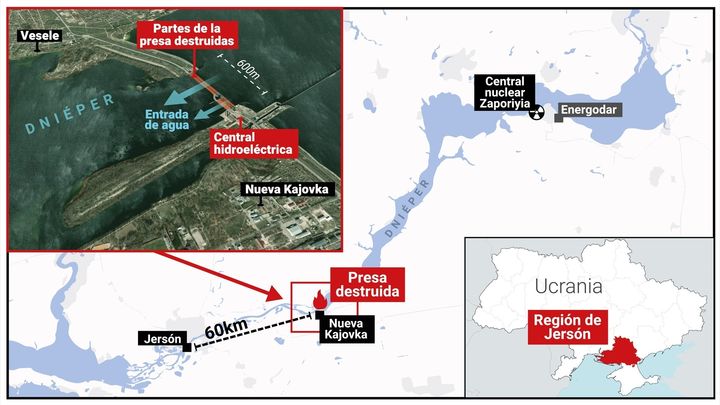 Mapa de la presa de  Kajovka / EUROPA PRESS