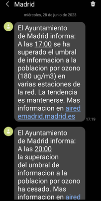 Mensaje del Ayuntamiento de Madrid con la superación de ozono de este miércoles / TELEMADRID