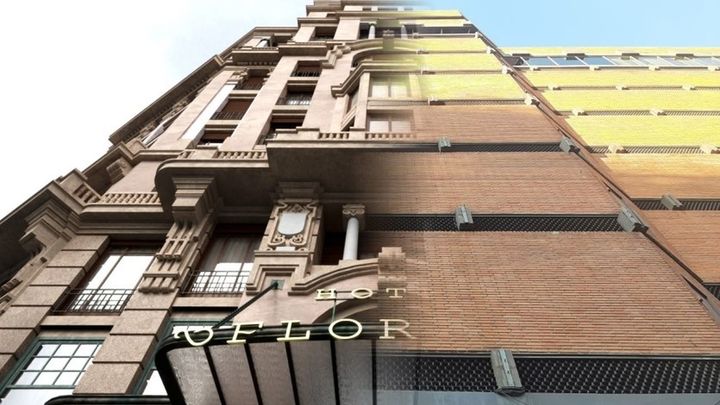 Montaje fotográfico con la fachada del Hotel Florida y la del centro comercial que ocupa su lugar en la actualidad / MCYP