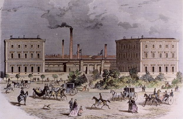 La Casa de la Moneda en 1865, en lo que hoy son los Jardines del Descubrimiento / JESÚS EVARISTO CASARIEGO / MEMORIA DE MADRID