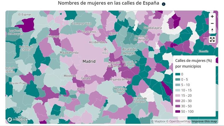 Porcentaje de calles con nombre de mujer por municipio en la Comunidad de Madrid / STNAMES LAB