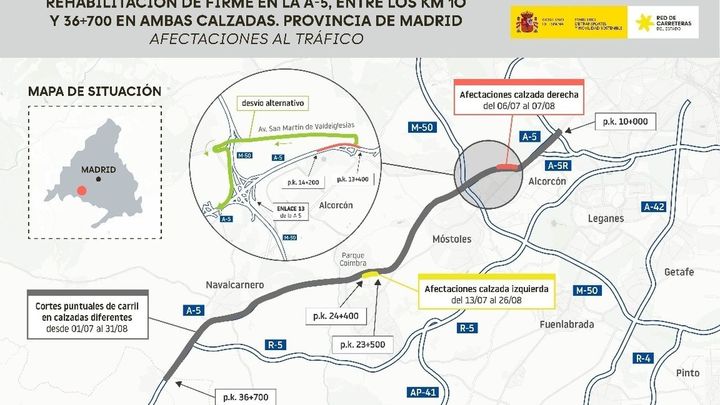 Esquema de los trabajos en la A-5 en Navalcarnero, Móstoles y Alcorcón / EUROPA PRESS