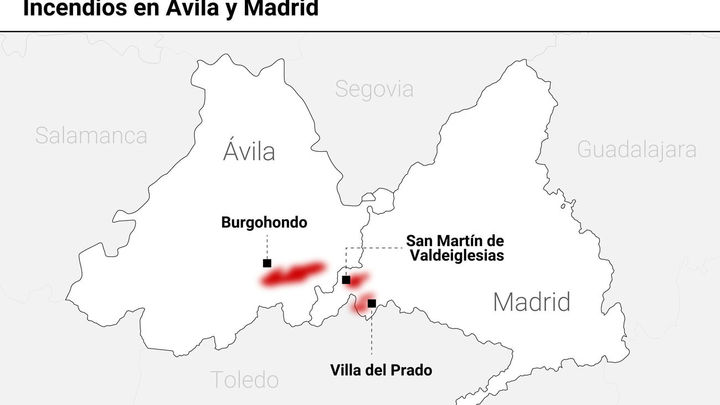 Mapa extensión incendios en Madrid y Ávila / EUROPA PRESS